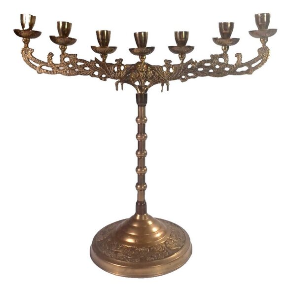 Large Vintage Gold Brass Phoenix Peacock 7-Light Candelabra Menorah - Picture 3 of 11